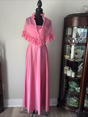Vintage 1970s pink chiffon maxi dress with ruffled cape-let Size 9/10